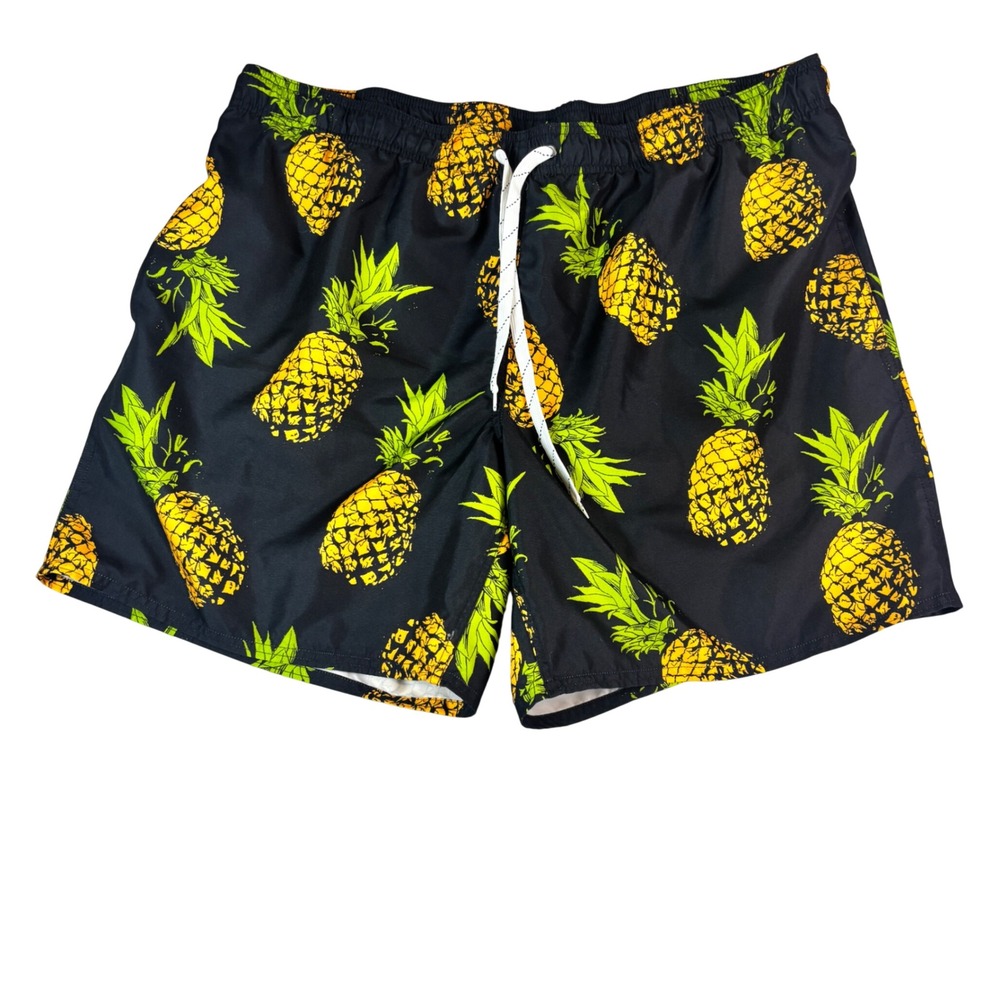 City Streets‎ Mens XXL Swim Trunks Black Pineapple Print Mesh Lined Board Shorts